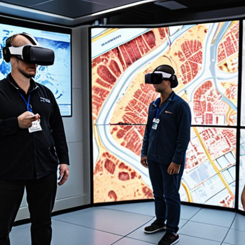 Home 11 A dynamic, high-stakes crisis response training scenario. Diverse, focused participants are immersed in an advanced simulation room. One individual wears a VR headset, experiencing a chaotic virtual disaster site, while others collaboratively analyze fluctuating data on transparent screens and interactive maps. The scene conveys intense psychological pressure as AI injects unpredictable variables, challenging their adaptability. High-tech, futuristic, realistic.