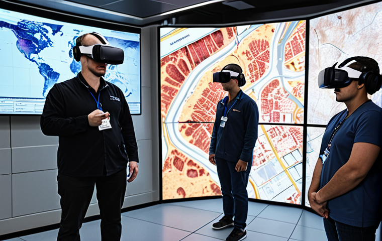 A dynamic, high-stakes crisis response training scenario. Diverse, focused participants are immersed in an advanced simulation room. One individual wears a VR headset, experiencing a chaotic virtual disaster site, while others collaboratively analyze fluctuating data on transparent screens and interactive maps. The scene conveys intense psychological pressure as AI injects unpredictable variables, challenging their adaptability. High-tech, futuristic, realistic.